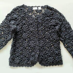 Vtg Hastings & Smith Crochet Granny Navy Ramie Cotton Cardigan Sz S